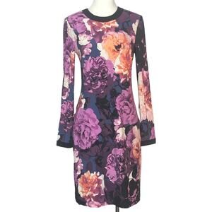 Eliza J Purple Blue Orange Floral Long Sleeve Dress Size 2 Black Trim Zipper